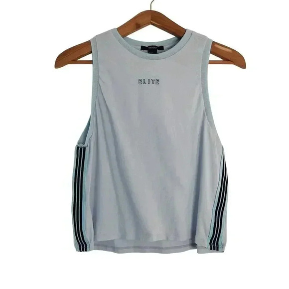❤️ 3/$15 Forever 21 Cropped Sporty Elite Striped Tank Grey Blue Women's Size M - Picture 1 of 6